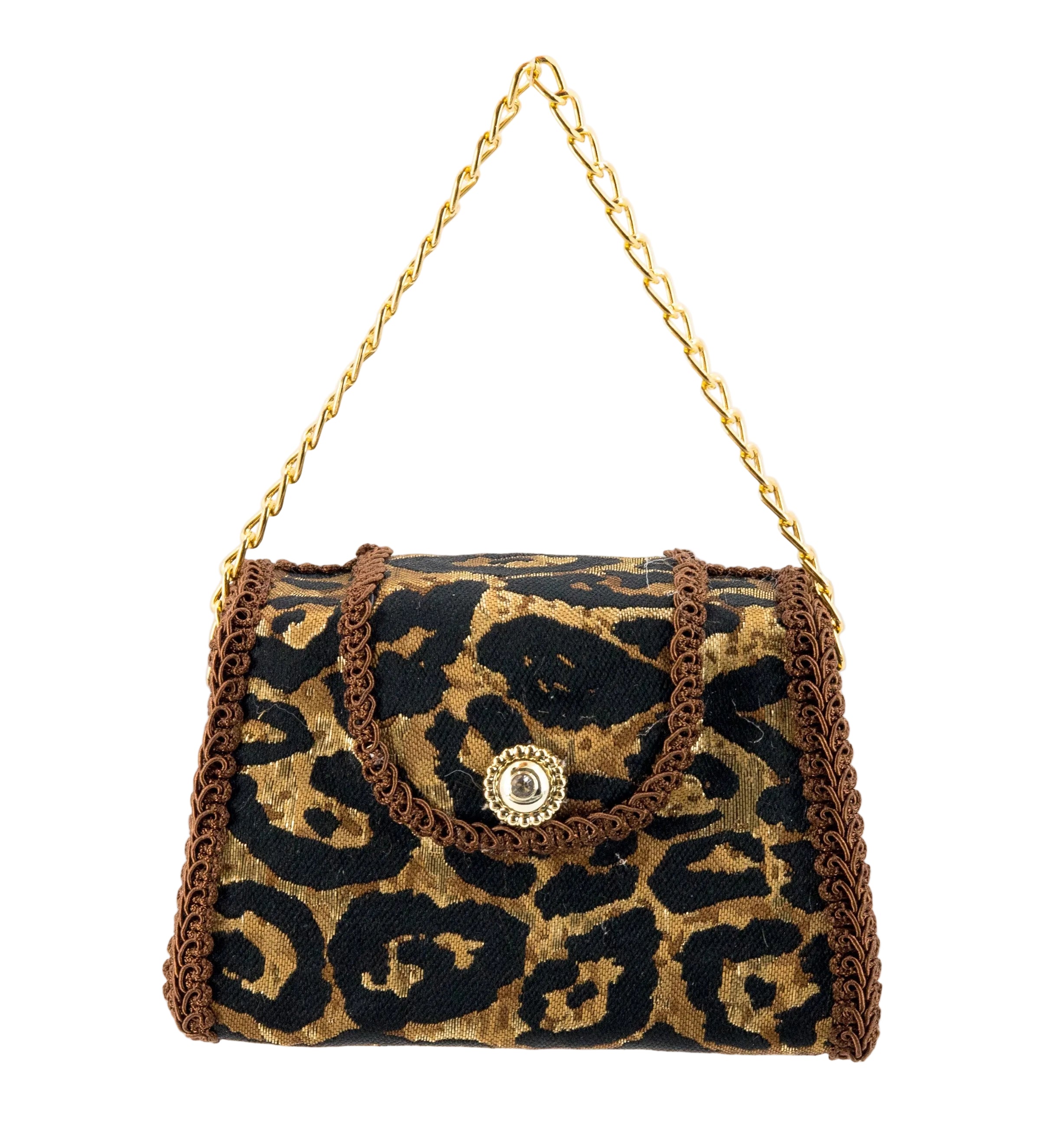 A hanging display ornament in the shape of leopard print handbag with a gold chain strap and a central gold-tone decorative clasp.