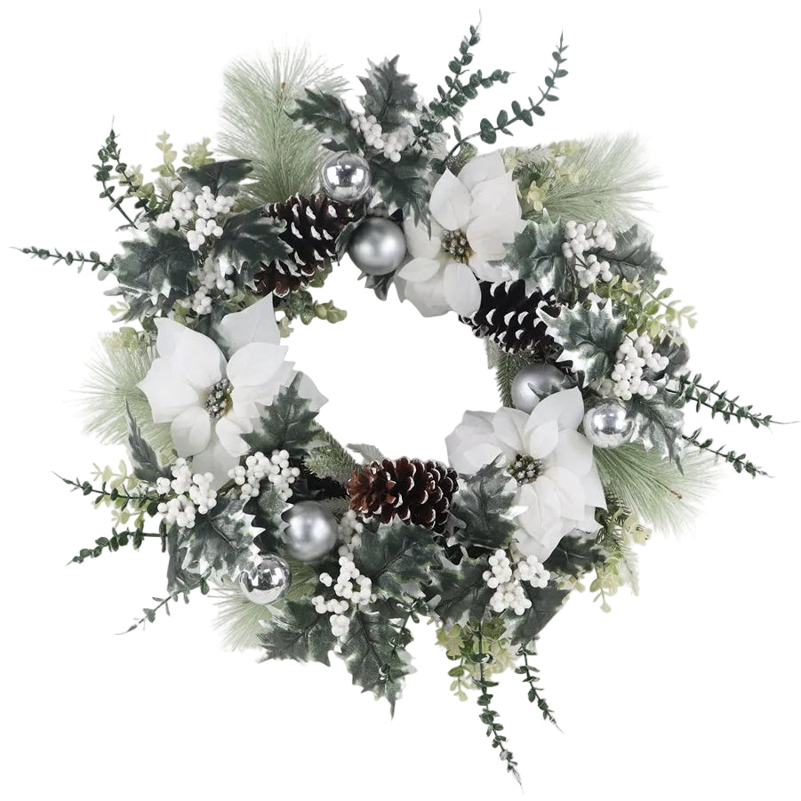 An artificial Christmas wreath featuring white poinsettias, green holly leaves, pinecones, frosted greenery, and shiny silver ornaments.