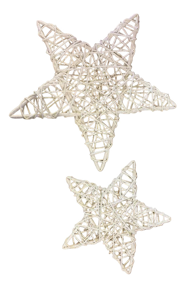 Two white rattan star-shaped hanging ornaments.