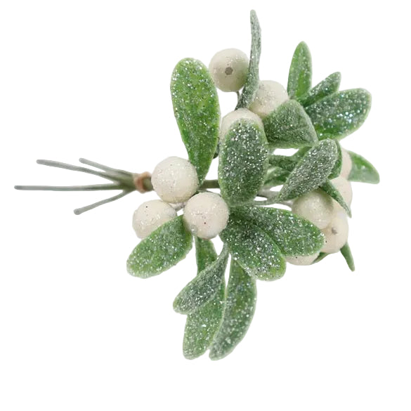 An artificial mistletoe stem with green frosted leaves and white berries.
