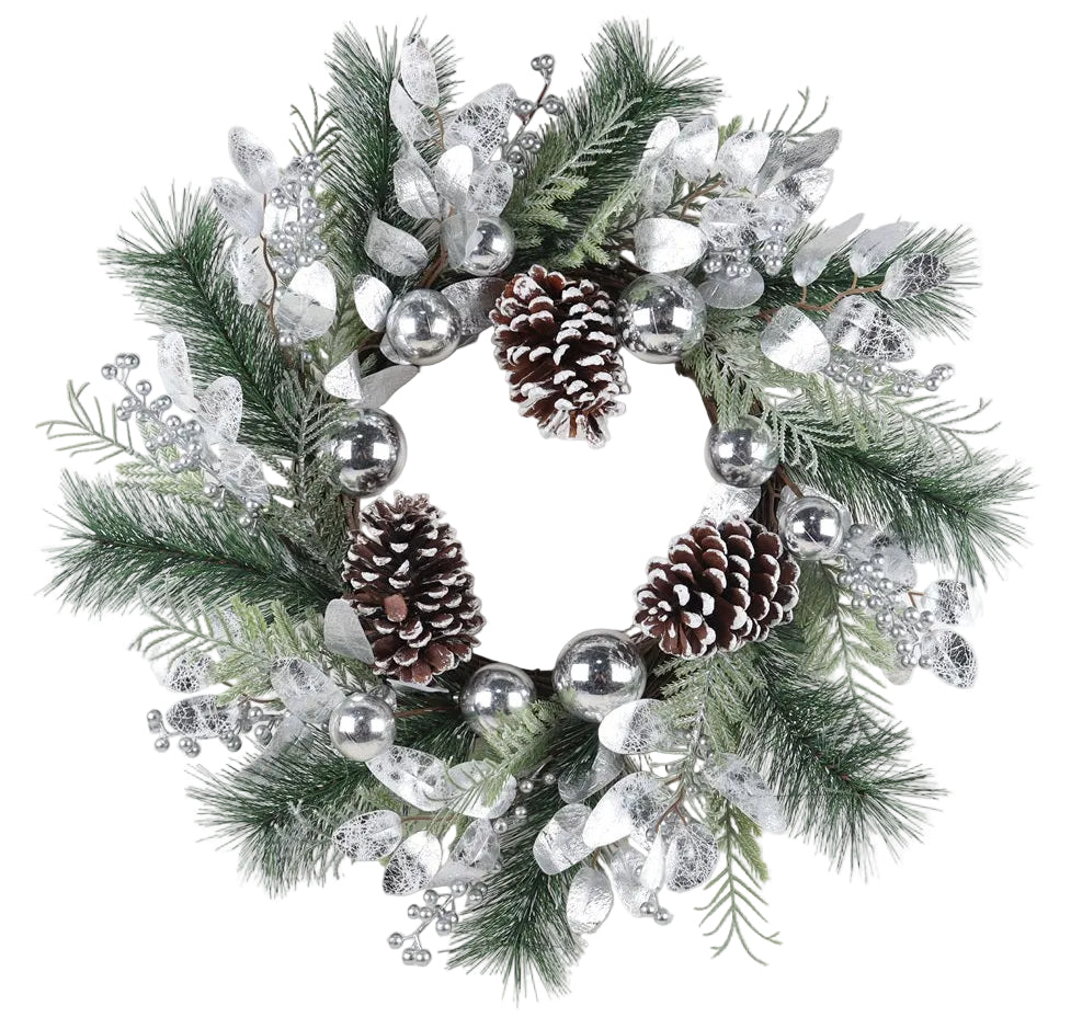 A 24 inch silver leaf wreath with green foliage, silver ornaments, and pinecones.