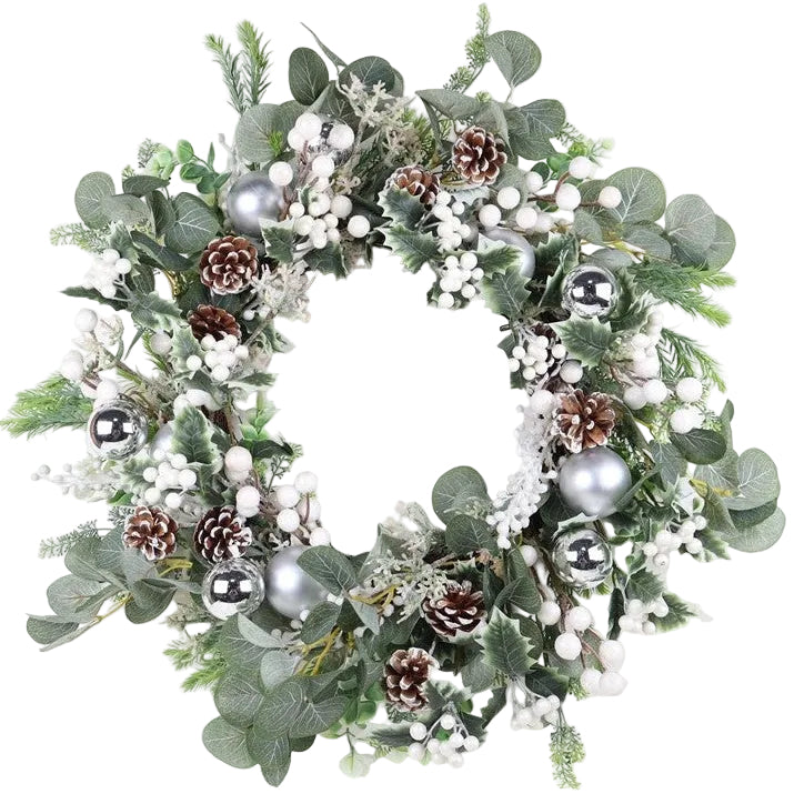 26" WHITE SILVER BALL WREATH