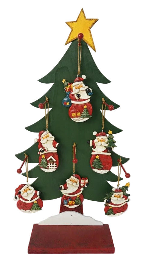 A wooden display tree with Santa Claus ornaments in various sizes, designed for holiday decorations.