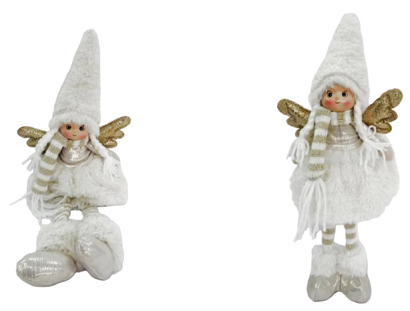 Two white and gold fairy ornaments with wings and dresses.
