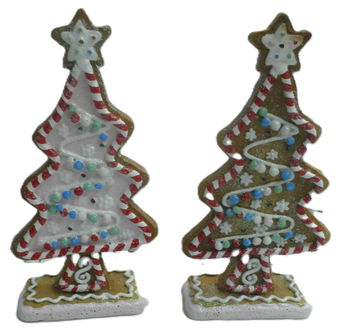 Two gingerbread Christmas Trees holiday ornaments with white and red decorations.