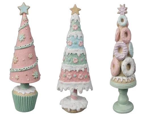 Three decorative holiday ornaments shaped like trees with star toppers, featuring pastel colors and various decorative elements such as stars, cupcakes, and flowers.