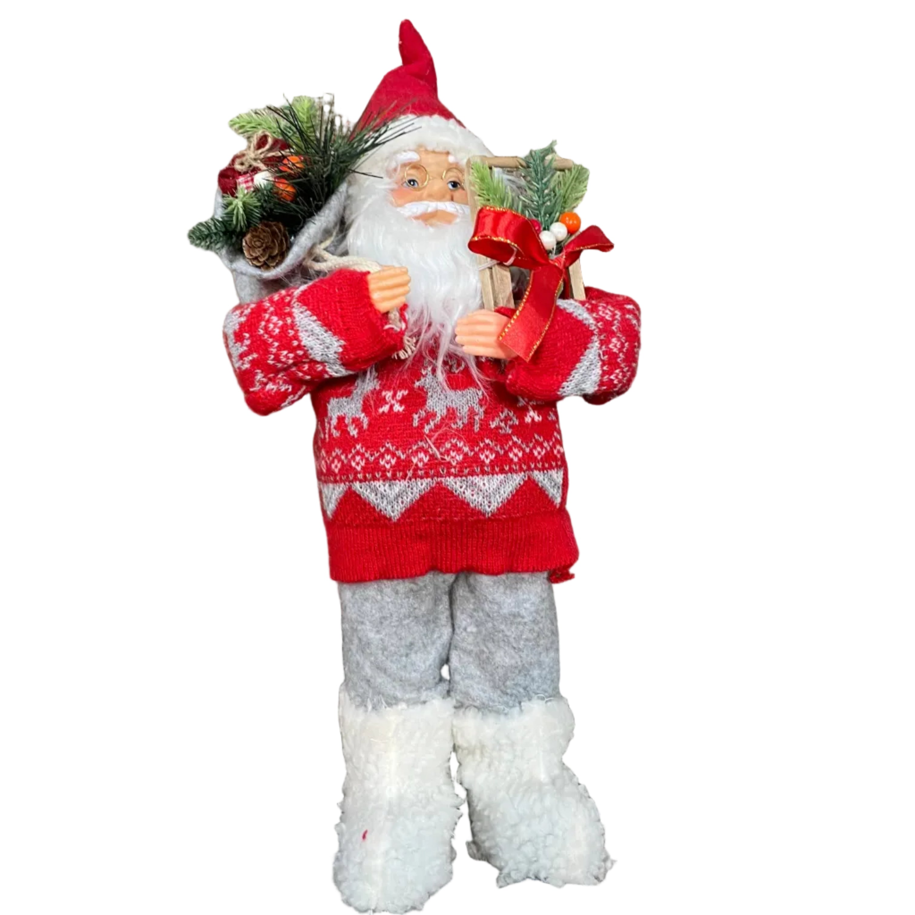 A Christmas Santa Claus figurine wearing a red and white patterned sweater, gray pants, and white boots, holding a Christmas sack and gift box,