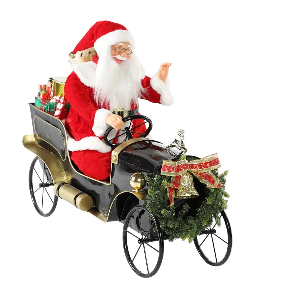 A 42cm tall figurine of Santa Claus sitting in a car with music and lights, decorated with a Christmas tree and gifts.
Size: 80x35x60cm
Lights / Music /  Animated