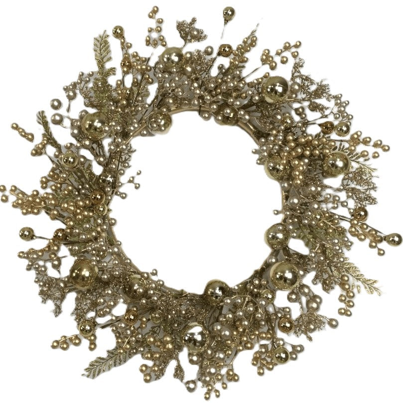 An ornate gold Christmas wreath decorated with metallic gold beads, faux pine needles, and glittering gold ornaments.