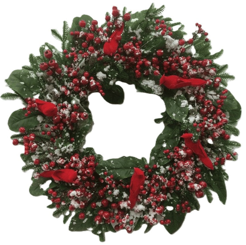 An artificial Christmas wreath featuring green pine branches, dark green holly leaves, clusters of red berries, and white snow-like dusting, accented with 6 red fabric cardinal birds.