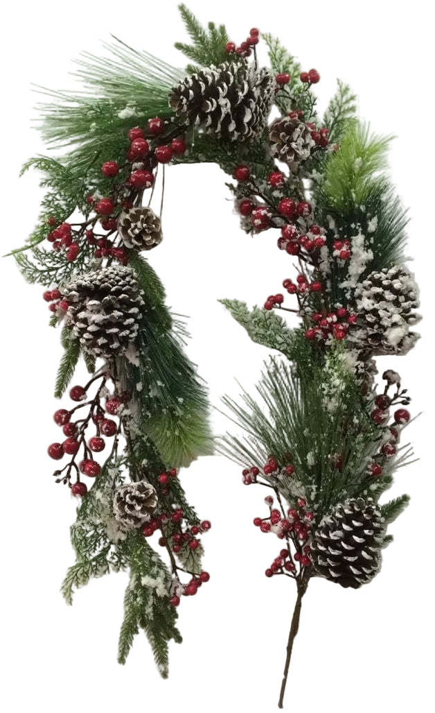 A 5-foot frosted berry garland with green leaves and red berry accents, designed for Christmas decoration.
