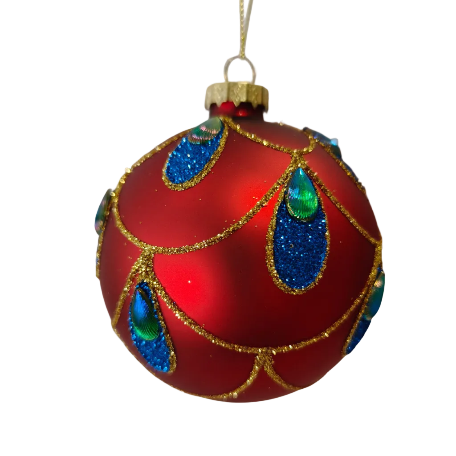 A red Christmas ornament ball with blue and green glitter teardrop patterns and gold trim
