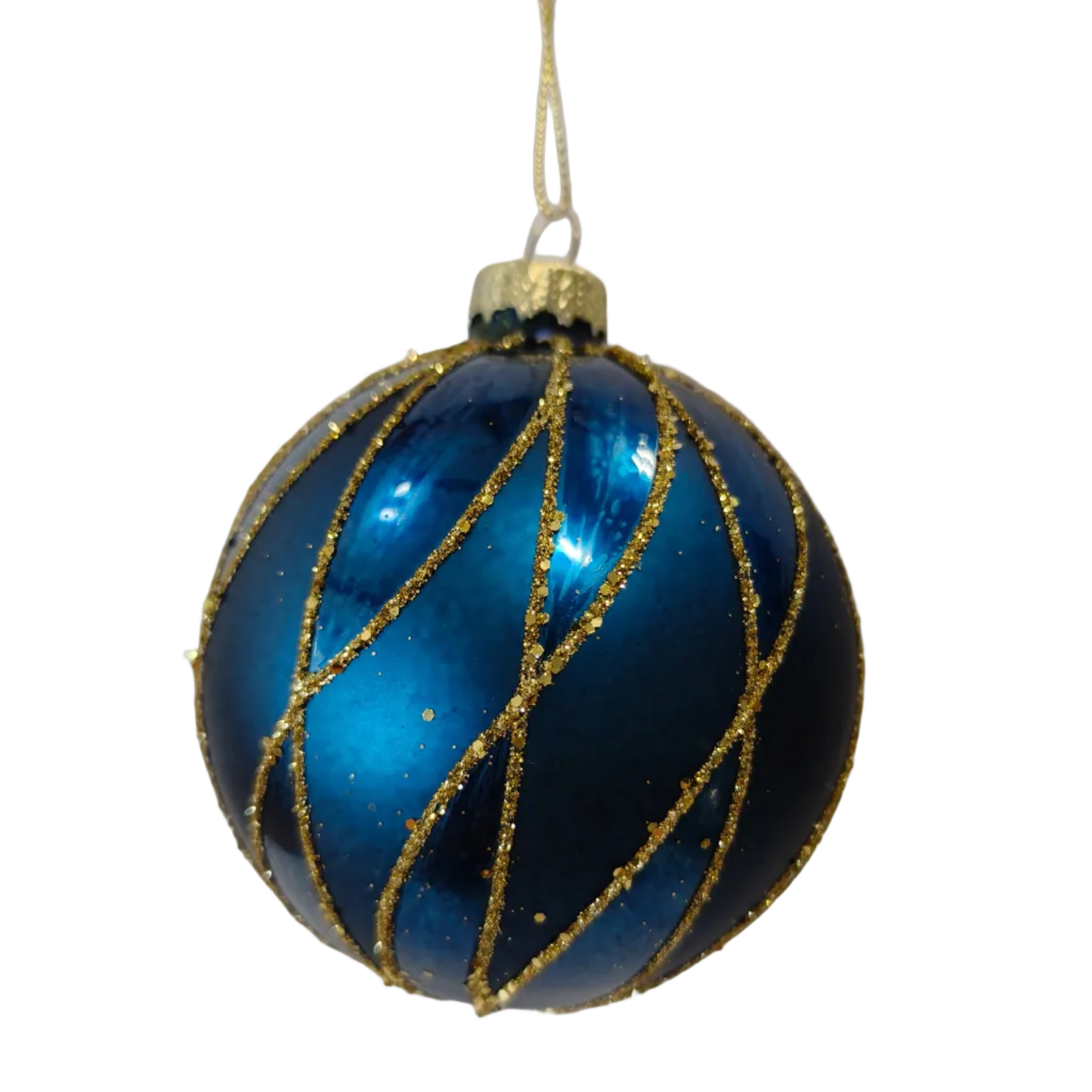 A glossy blue Christmas ornament ball with diagonal glittery gold stripes.
