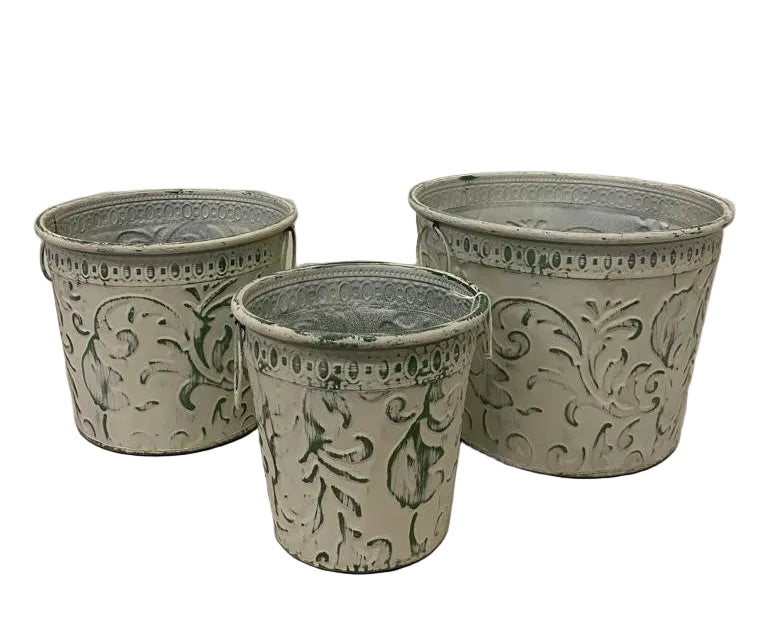 S/3 METAL GREEN FLOWER POTS