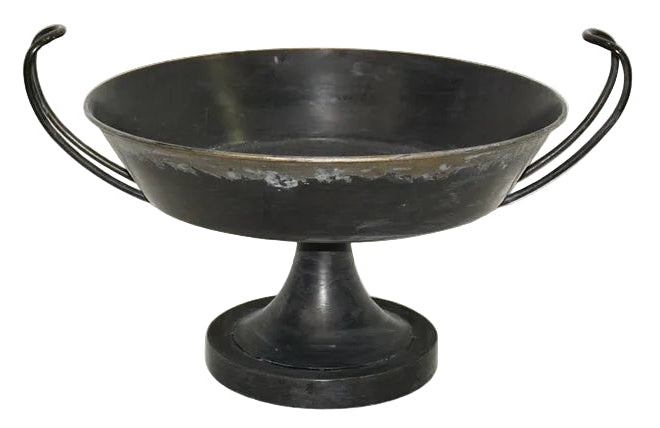 A black metal pedestal bowl with two curved side handles